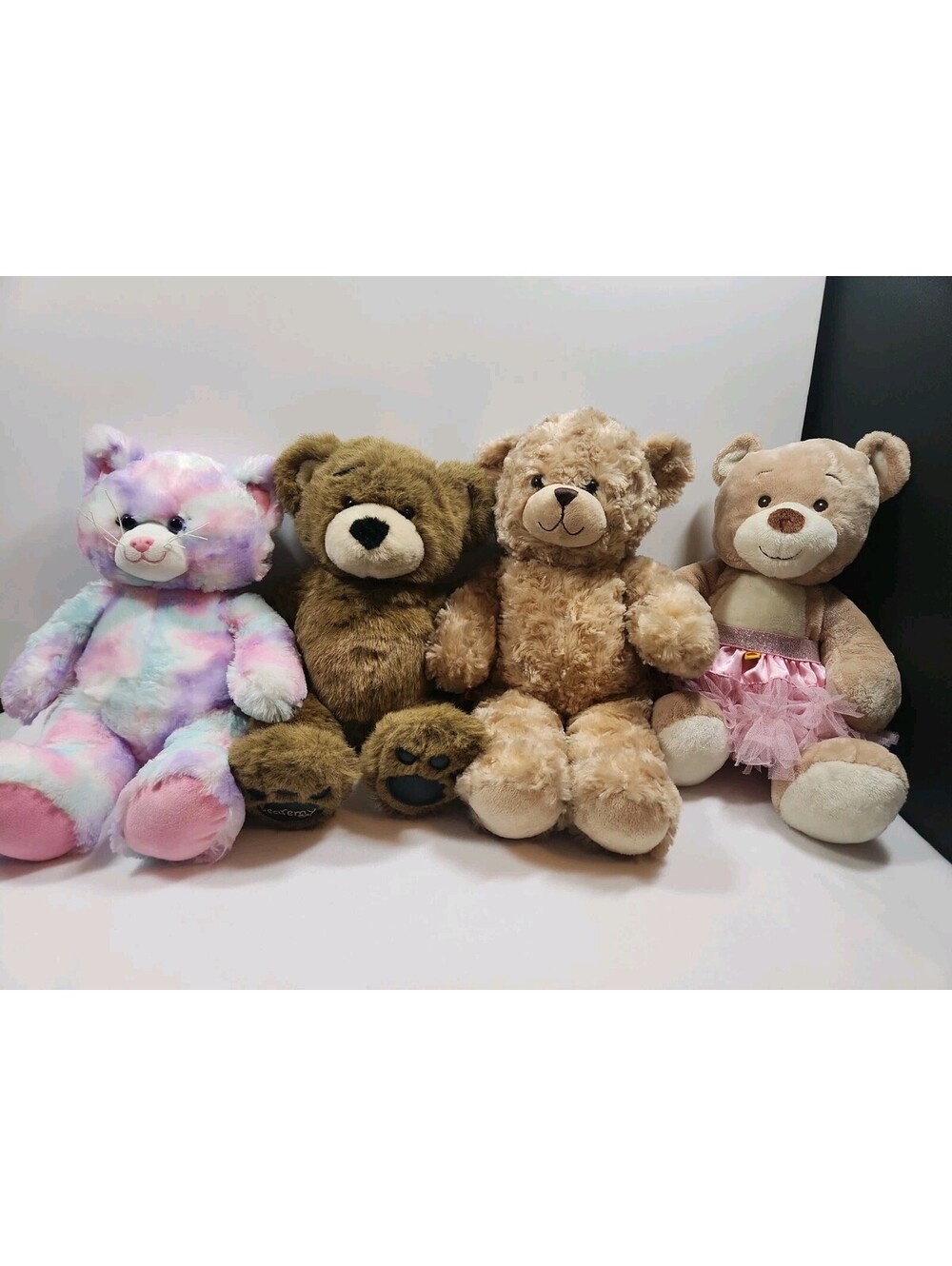 Lot Of 4 Build A Bear Plushies, 3 Bears, 1 Cat Including Bearemy, Skirt & Shorts